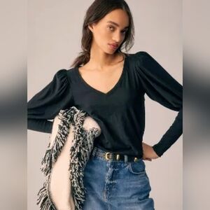 Nation LTD V-Neck Puff Long Sleeve Jenna Top In Black Women's Size XS